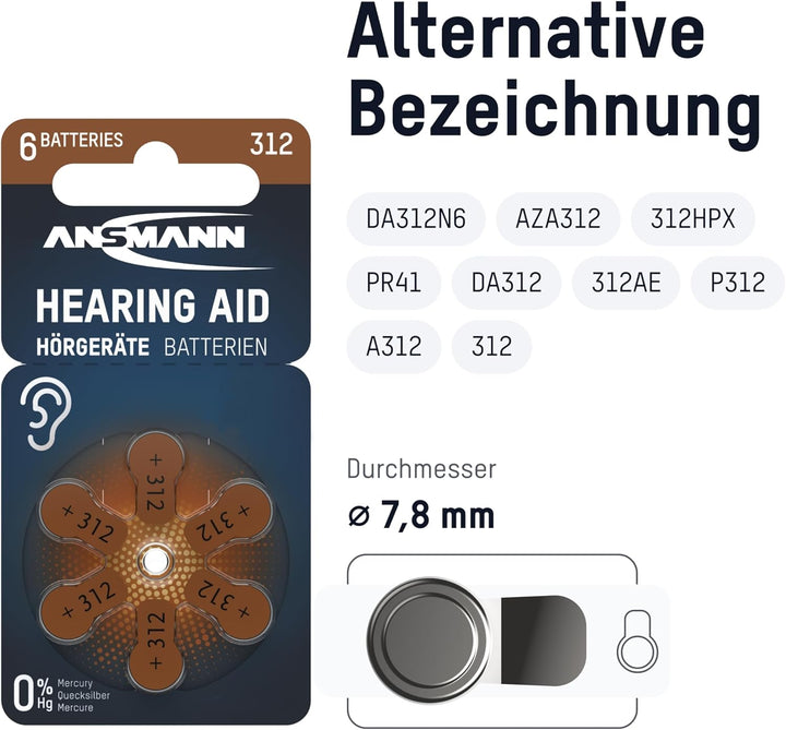 ANSMANN Hörgerätebatterien 312, 60 Stück, Batterien Typ 312 P312 ZL3 PR41, braun, Zink-Luft, Sparpac