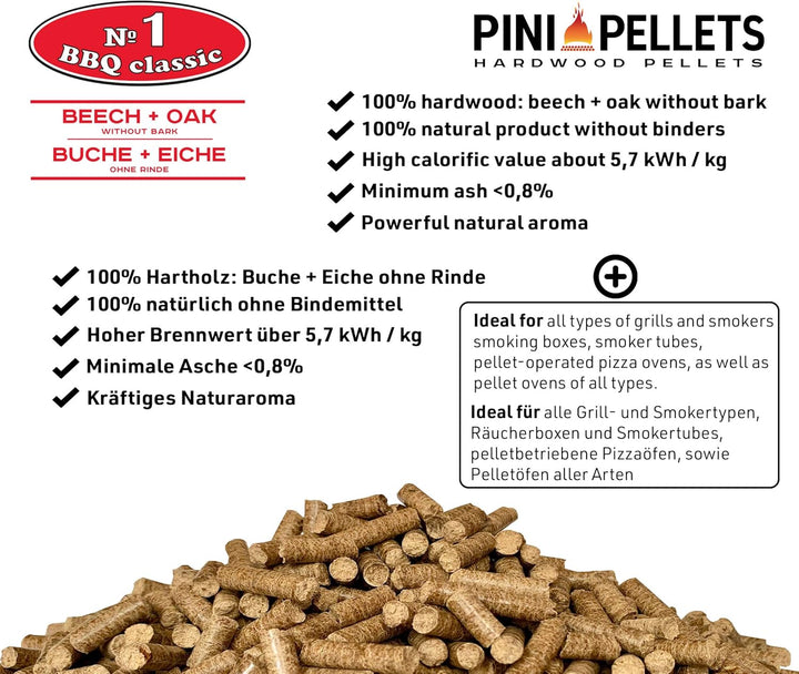 PINI Hartholz Pellets №1 BBQ Klassik 10 Kg Grillpellets zum Grillen Räuchern Smoken