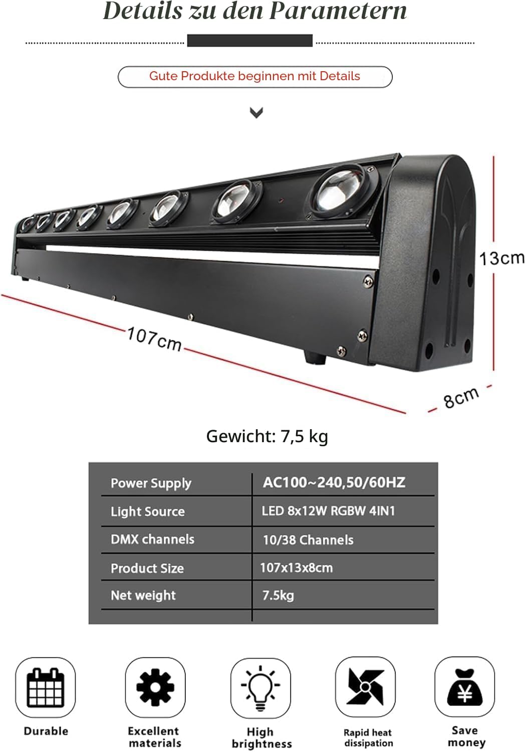 SHEHDS Moving Head Licht Bar LED 8x12W RGBW 4IN1 Strahl- und Blitz-Effekt 8° Linsenwinkel Bühnenlich