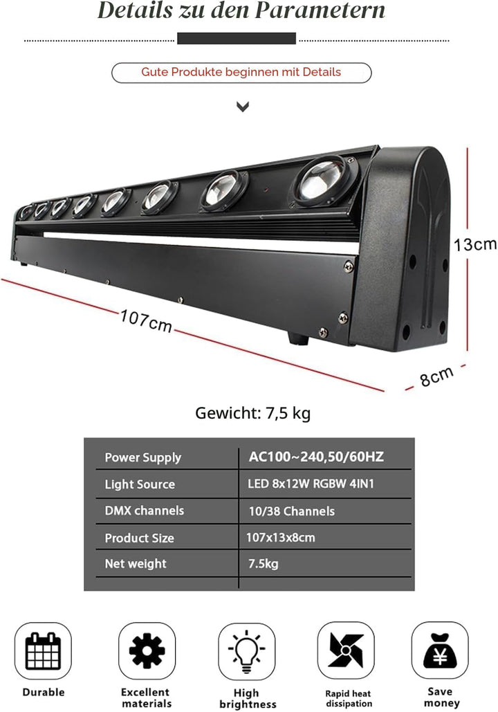 SHEHDS Moving Head Licht Bar LED 8x12W RGBW 4IN1 Strahl- und Blitz-Effekt 8° Linsenwinkel Bühnenlich