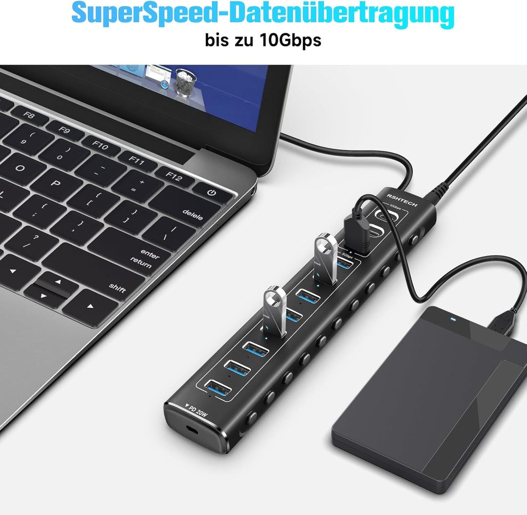 USB C 3.2 Hub Aktiv mit Netzteil (60W 12/5A), RSHTECH 11-Port USB C 3.1 Gen2 Hub mit 20W PD, 3 * 10G