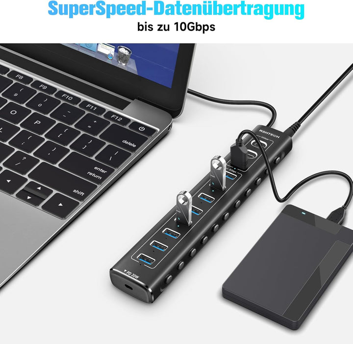USB C 3.2 Hub Aktiv mit Netzteil (60W 12/5A), RSHTECH 11-Port USB C 3.1 Gen2 Hub mit 20W PD, 3 * 10G