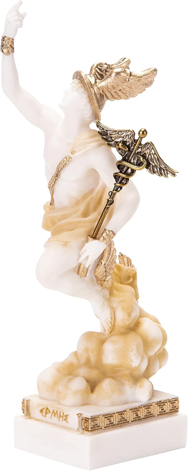 BEAUTIFUL GREEK STATUES Hermes Mercury God Zeus Sohn Römische Statue Alabaster Goldton 7 Zoll