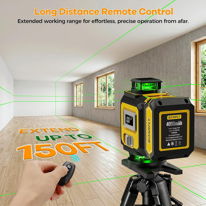 SOARFLY 4D Kreuzlinienlaser mit Stativ, 4×360° Selbstnivellierender Grüner Linienlaser, 2×4000mAh Ak