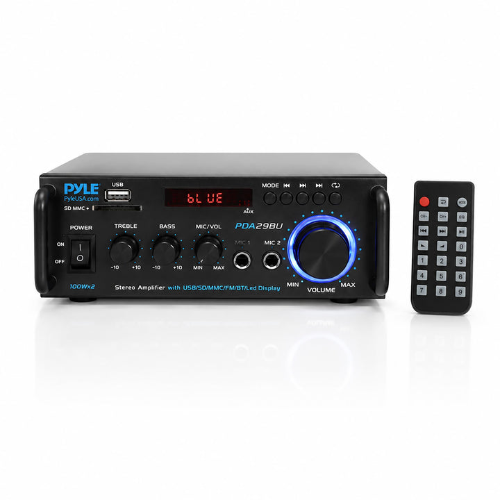 Pyle Bluetooth Verstärker, 200W – 2 Kanal Amplifier mit USB/SD/FM, Mikrofon & RCA, HiFi-Verstärker m