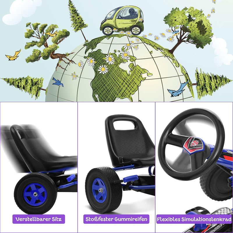 GOPLUS Gokart ab 3-8 Jahre, Kinderfahrzeug mit Verstellbarem Sitz, Tretauto aus Gummireifen, Flexibl