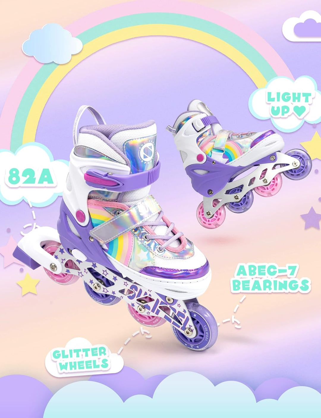 SULIFEEL Rainbow Unicorn Einstellbare beleuchtete Inline-Skates für Kinder Mädchen Anfänger-Skates m