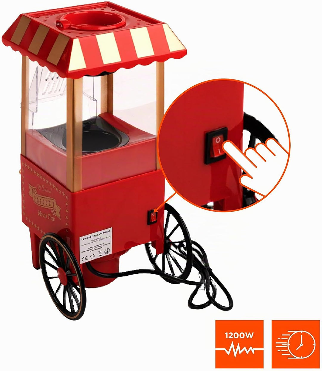 celexon CinePop CP500 Popcorn-Maschine - 24x19x39,5cm - Gewicht:1,7kg - Rot/Retro/Kirmes-Design- ohn