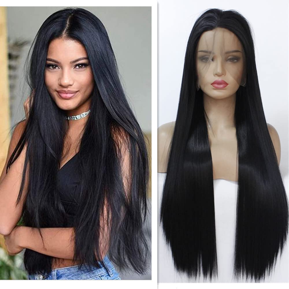 Synthetische Schwarze Lace Front Perücken Lange Gerade 13x4 Lace Hitzebeständig für Frauen Ersatz Sp