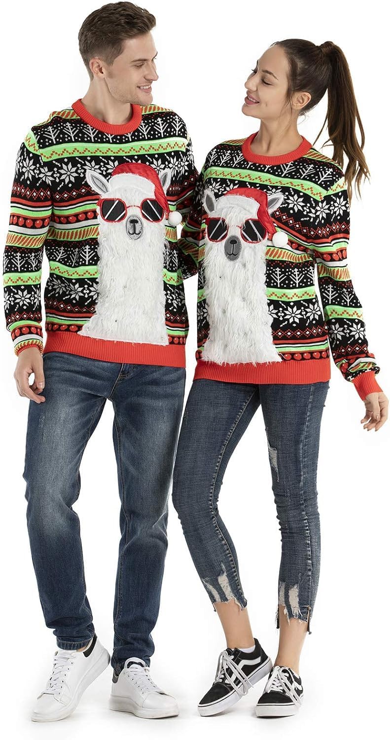 OFF THE RACK Unisex Herren Damen Weihnactspullover Lustig LED Leuchtende Ugly Christmas Sweater Stri