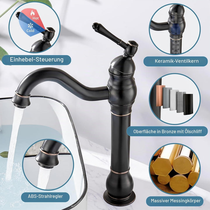 Namuoto Wasserhahn Bad Schwarz Retro Hoch Waschtischarmatur 360°Schwenkbar Einhebel Waschbecken Arma
