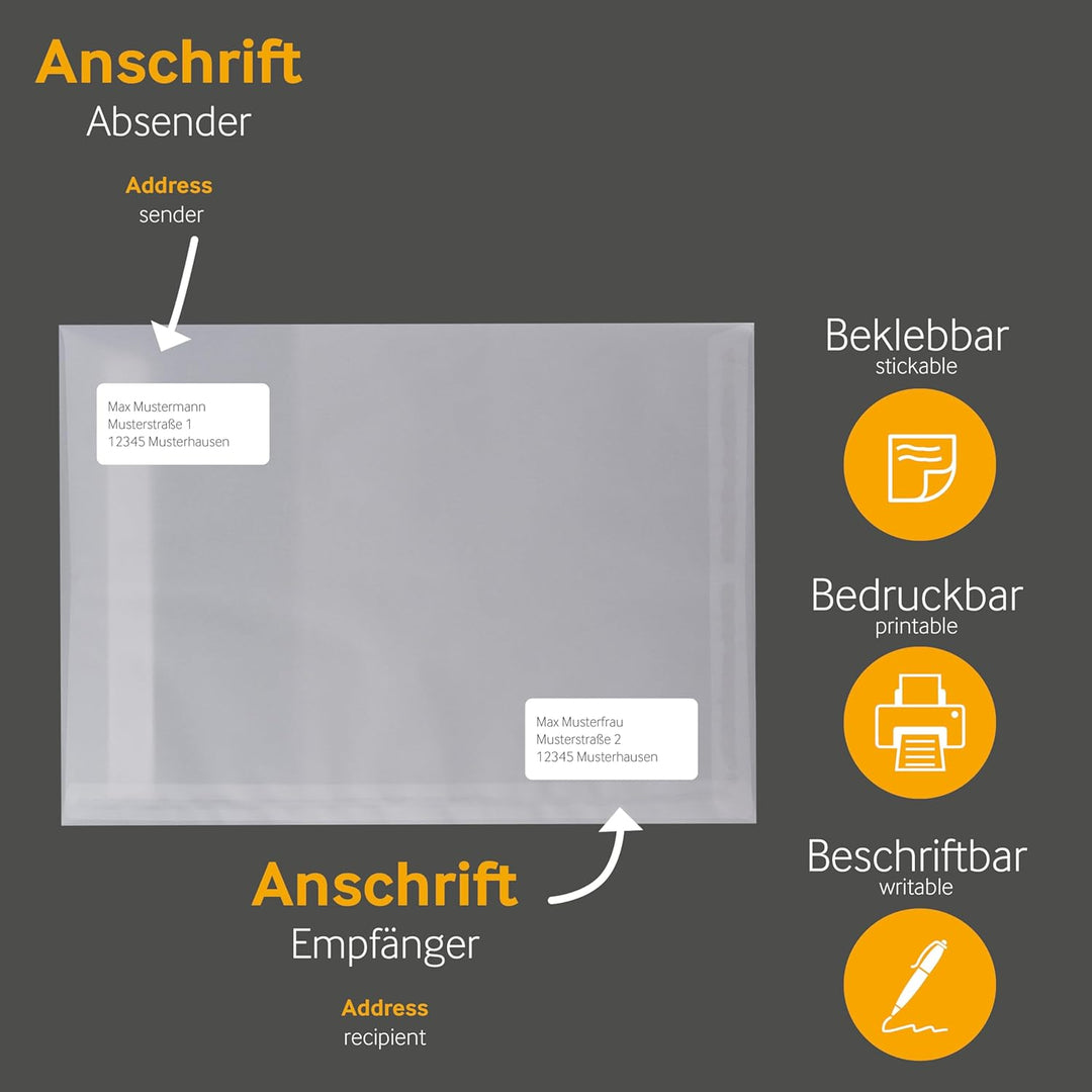 100 Stück, Transparent-Versandtaschen, DIN B5, Haftklebung mit Abziehstreifen, Gerade Klappe, 90 g/q