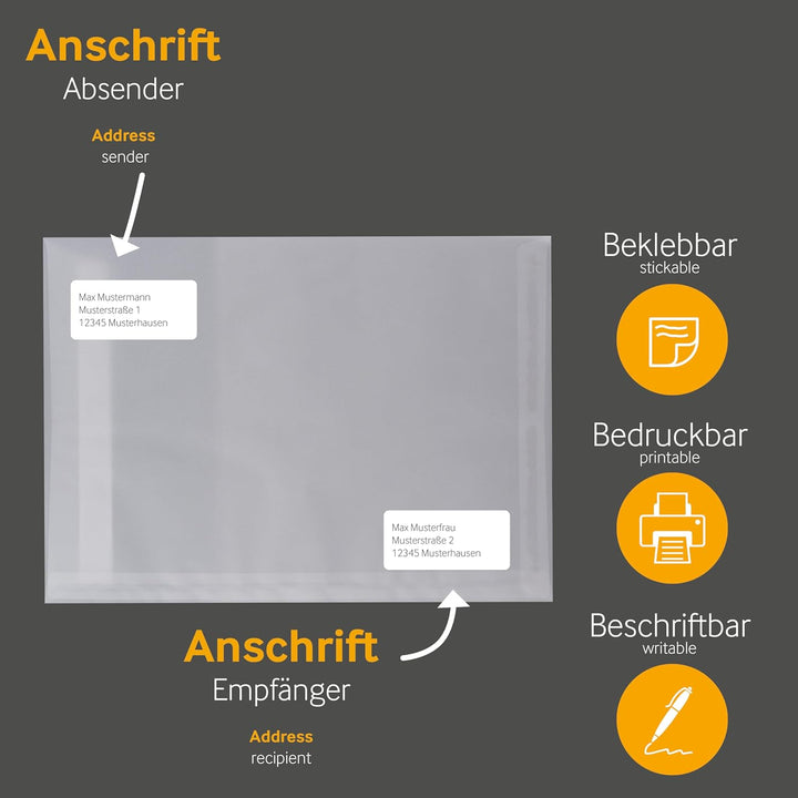 100 Stück, Transparent-Versandtaschen, DIN B5, Haftklebung mit Abziehstreifen, Gerade Klappe, 90 g/q