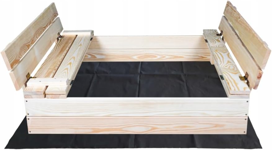 Sandkasten mit Sitzbank 100 x 100 cm, Dach, Naturholz, Sandkasten für Kinder, Spielplatz