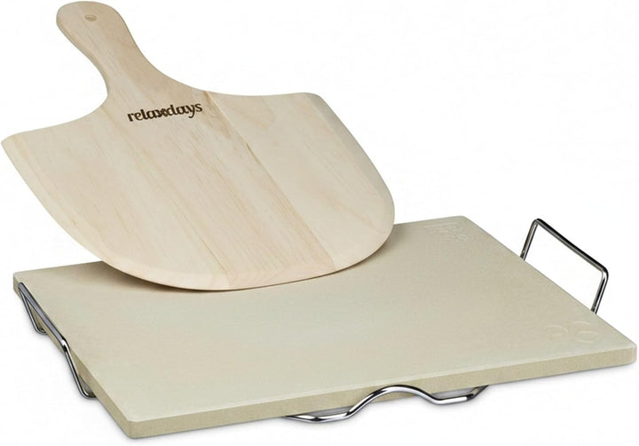 Relaxdays Pizzastein Set 1,5 cm Stärke mit Metallhalter und Pizzaschieber aus Holz HBT 1.5 x 38 x 30