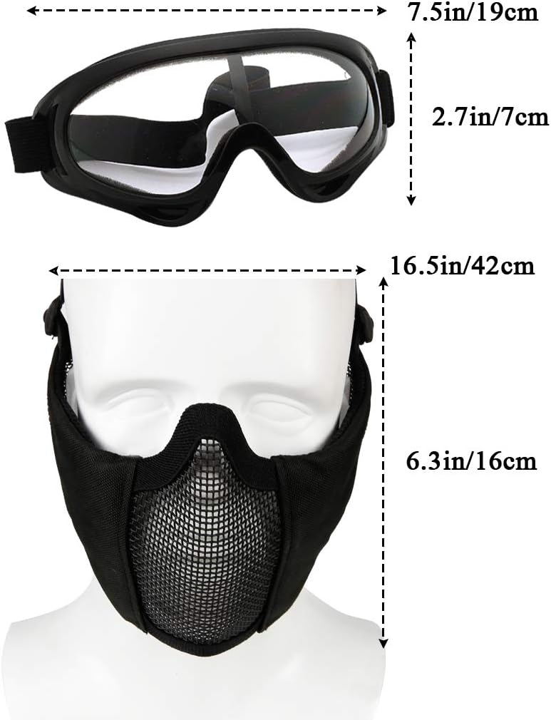 Hodeacc Airsoft-Maske und Brille, Halbgesichtsmaske aus Metallgeflecht, mit Ohrenschutz, Anti-UV-Air