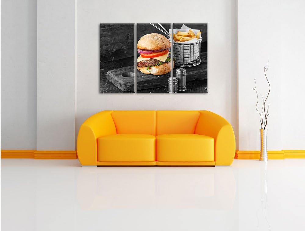 Pixxprint Cheesburger mit Pommes als Leinwandbild | Grösse: 3 Teilig (120x80) | Wandbild| Kunstdruck