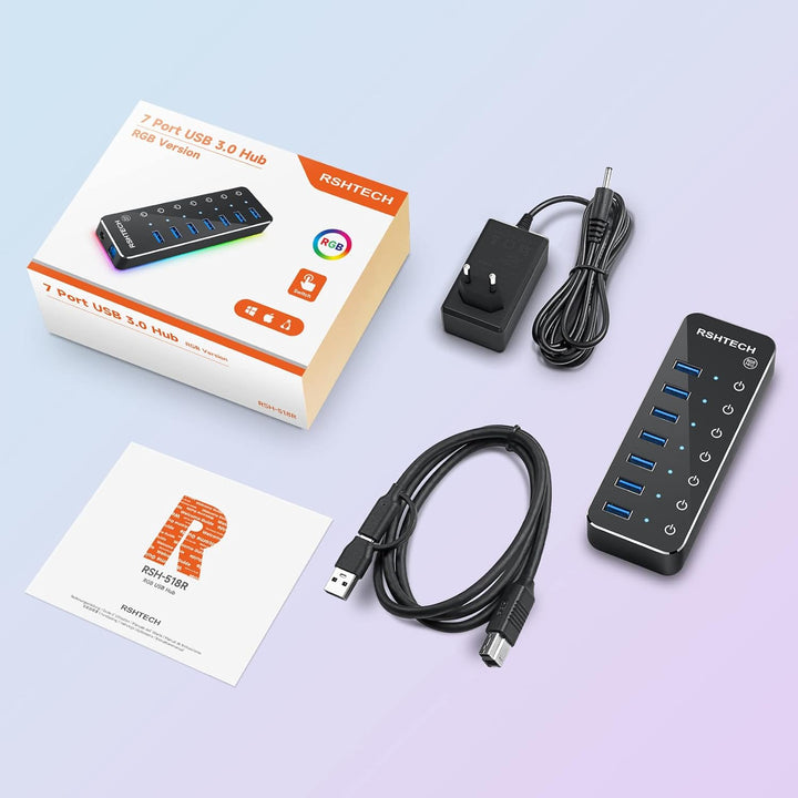 USB Hub Aktiv 3.0 mit Netzteil, RSHTECH 7-Port RGB USB 3.0 Hub Aluminium, 14 RGB Beleuchtungsmodi, 2