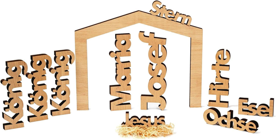 Moderne Weihnachtskrippe 11 Teilig - Holz Ceiba Natur - puristisch, rustikal, exklusiv - Made in Tir