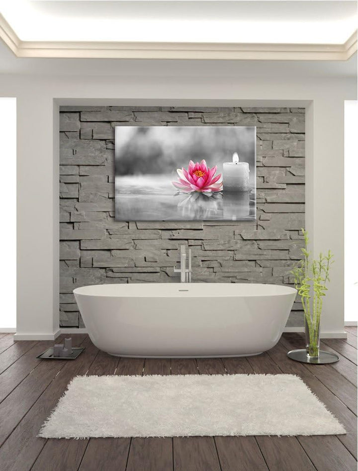 süsse Seerose neben Kerze schwarz/weiss Format: 100x70 auf Leinwand, XXL riesige Bilder fertig gerah