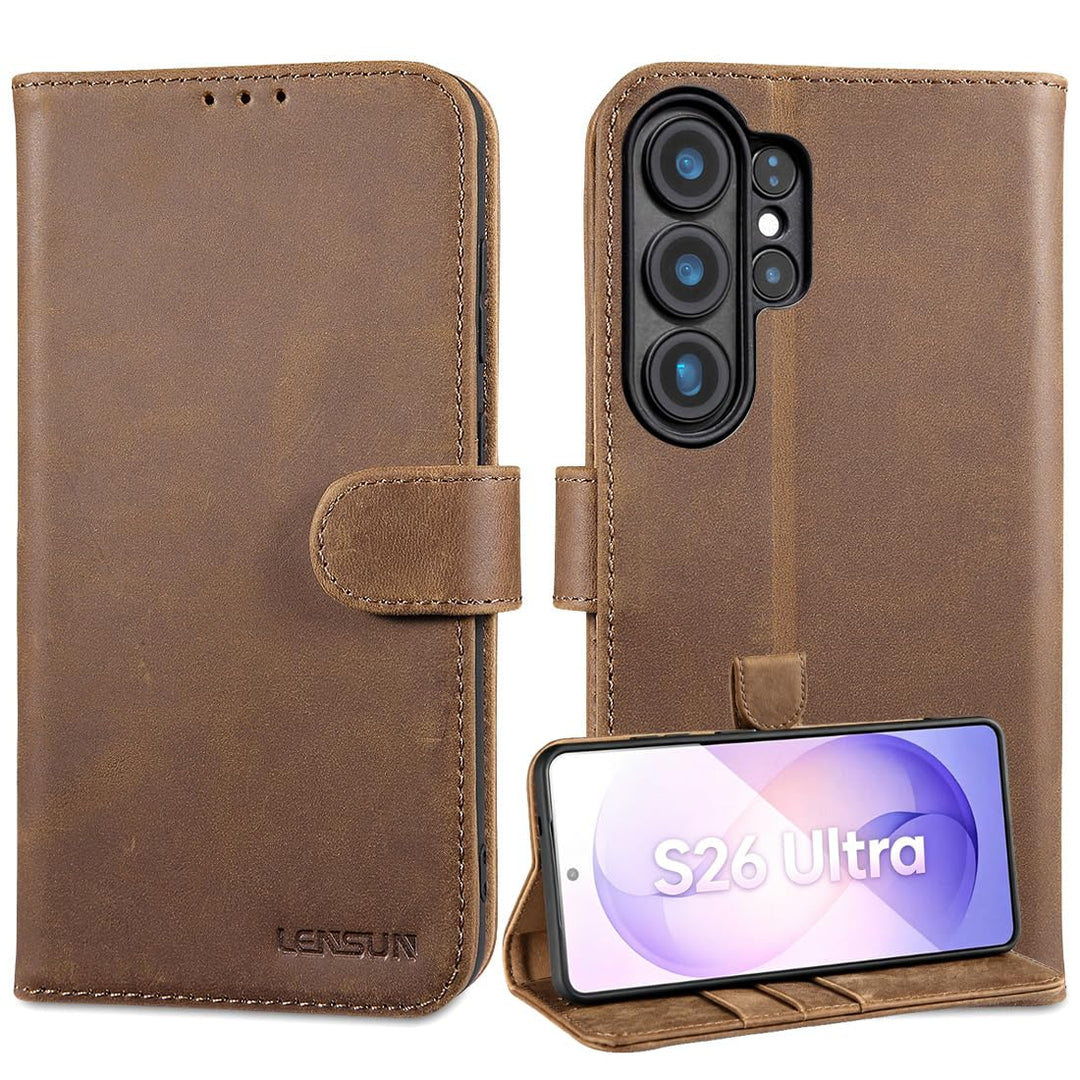 LENSUN Echtleder Handyhülle für Samsung Galaxy S26 Ultra, Hülle [Brieftasche][RFID Schutz][Standfunk