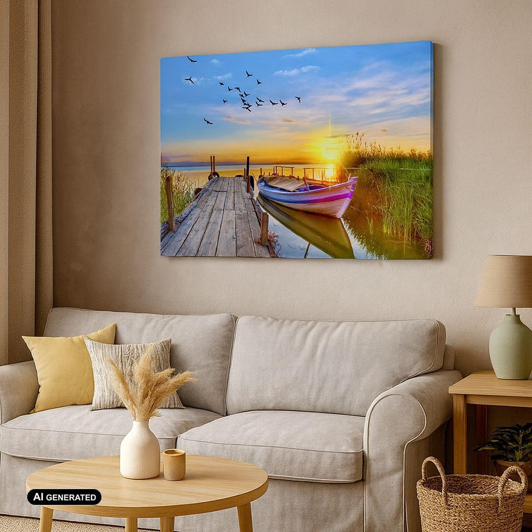 Bilder auf Leinwand 100x70cm Leinwandbild mit Rahmen See Boot Wasser Gross Wanddeko Bild Schlafzimme