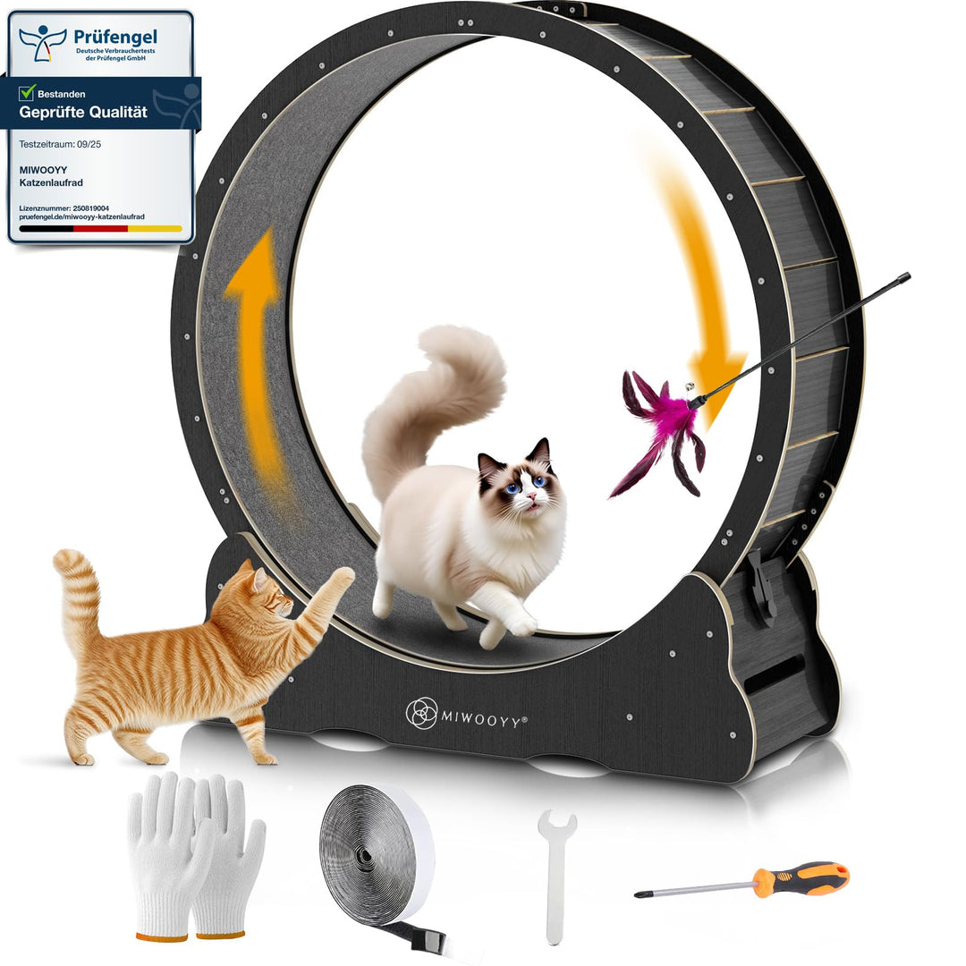 Grosses Katzen-Laufrad 110cm – schwarzes Massivholz-Katzenrad-Trainingsgerät für Indoor-Katzen, Sich