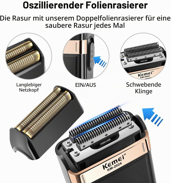 KEMEI Elektrischer Herren-Rasierer, wasserdicht, Säbelrasierer, kabellos, Präzisions-Bartschneider,