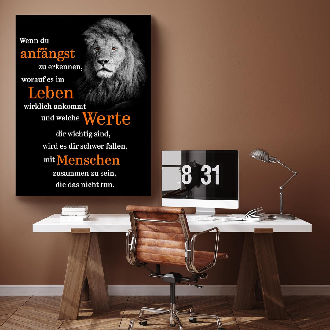 wandmotiv24 Motivations Motiv als Leinwandbild, 60x45cm, Hochformat, welche Werte, Löwe, Orange, Sch