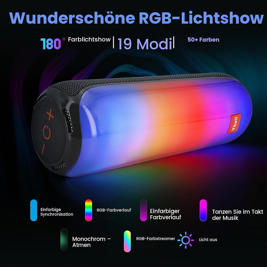 Bluetooth Lautsprecher mit Licht, Tragbarer 20W Musikbox mit 360° HD Stereo Sound, 24 Std. Spielzeit
