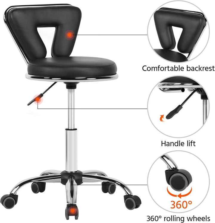 Yaheetech Rollhocker mit Rückenlehne Höhenverstellbar 46,5-61cm Drehhocker mit Rollen 360° Drehbar B