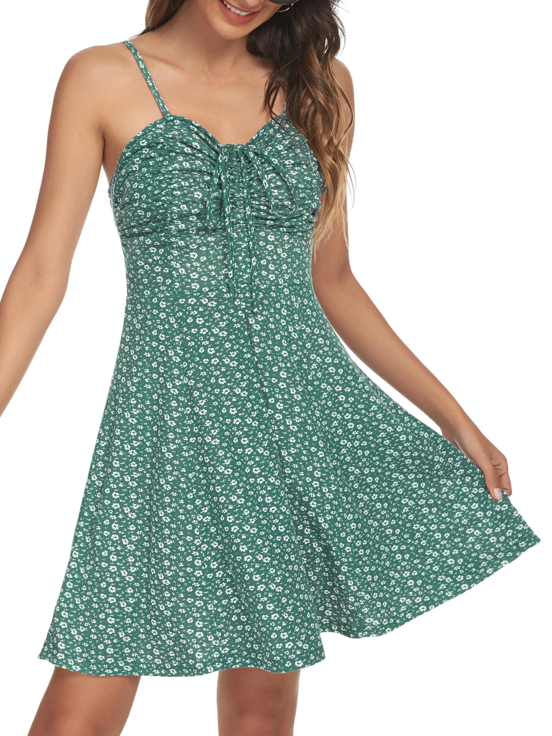 Missufe Damen Sommerkleid Swing Blumenkleid Freizeitkleid Spaghettiträger Cami Kleider, XS Grün
