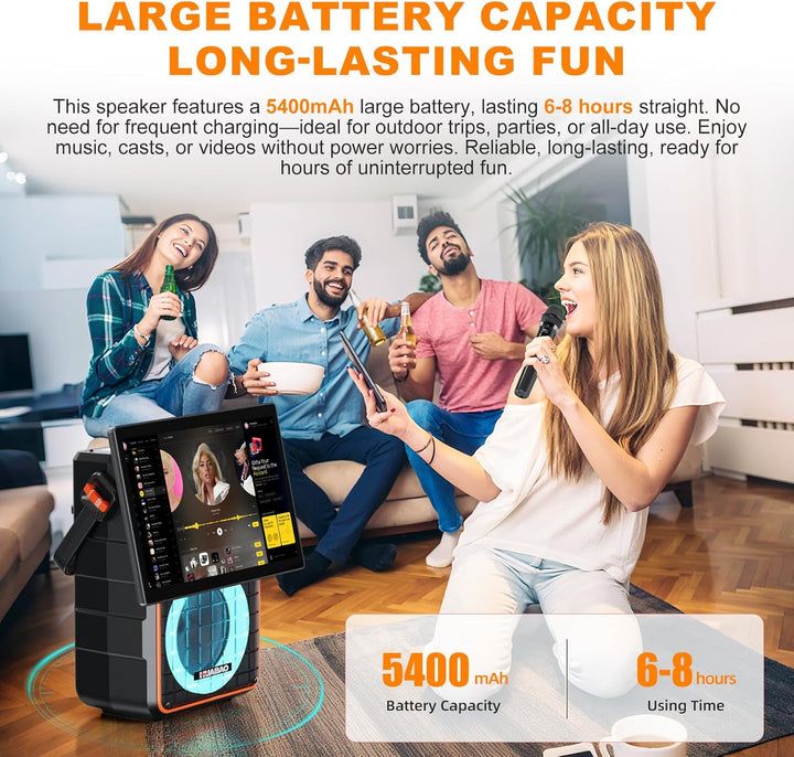 Tragbarer Bluetooth-Karaoke-Lautsprecher mit 14,1-Zoll-HD-Bildschirm, kabelloser Bildschirmspiegelun