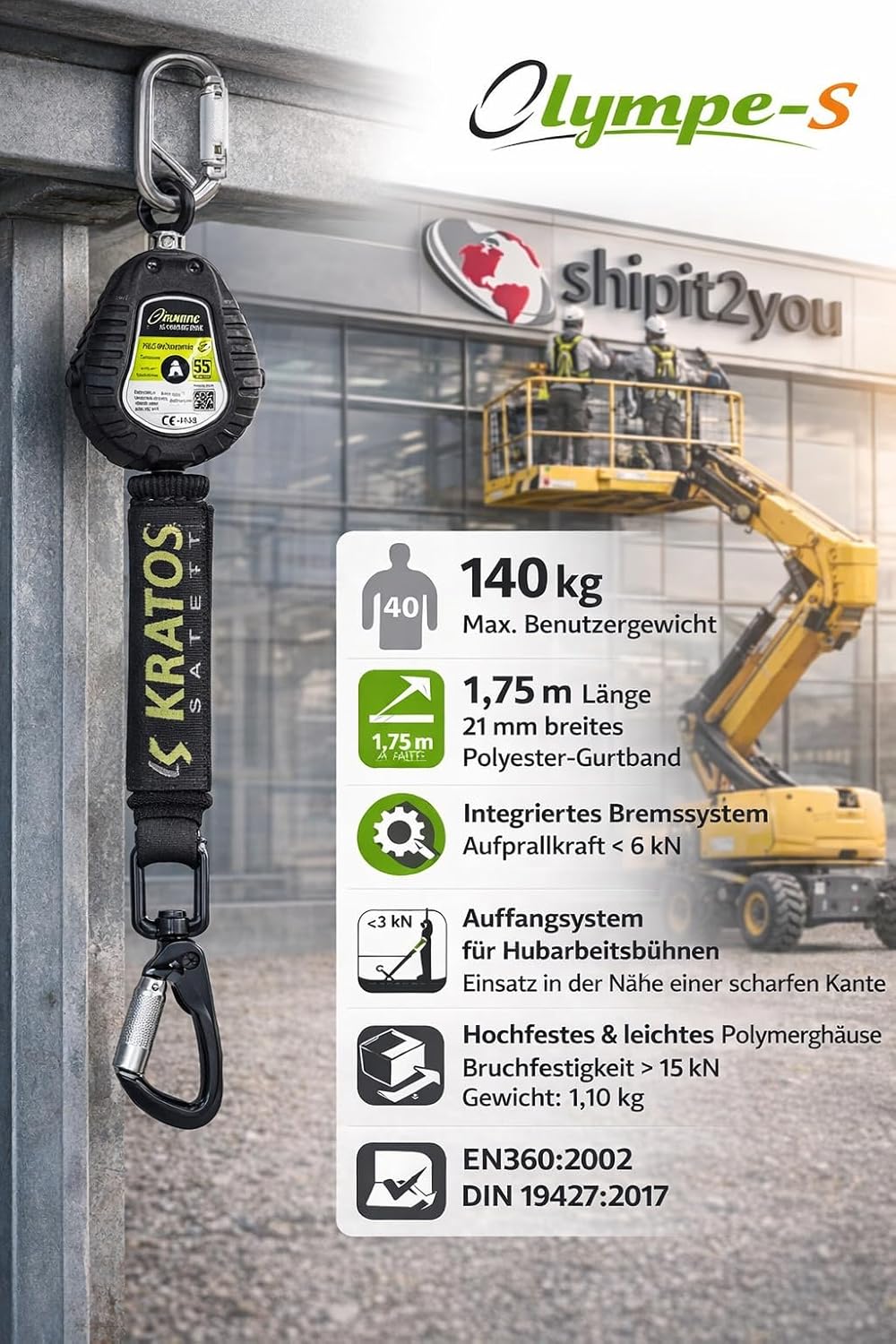 Kratos Safety Olympe-S Gurtband, Höhensicherungsgerät für Hubarbeitsbühnen, mit Bandfalldämpfer und