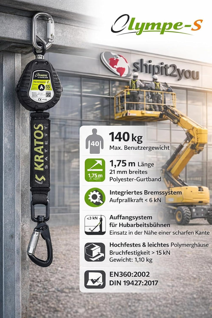 Kratos Safety Olympe-S Gurtband, Höhensicherungsgerät für Hubarbeitsbühnen, mit Bandfalldämpfer und