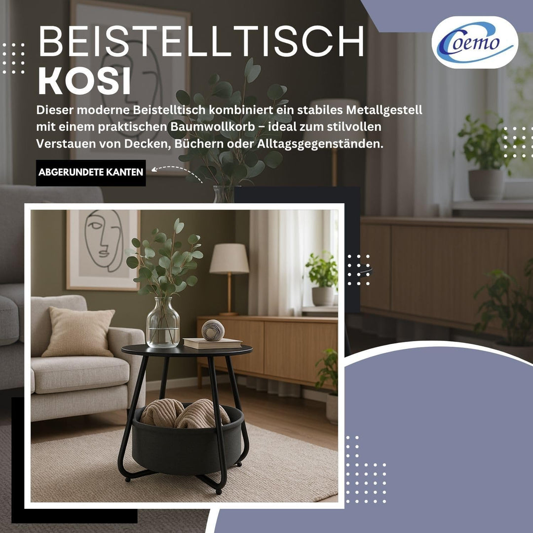 Coemo Couchtisch KOSI Schwarz aus Metall Ø 45 x 45 cm mit Aufbewahrungskorb Canvas, Beistelltisch ru