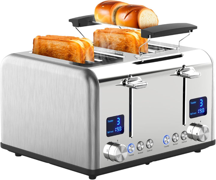 Toaster Langschlitz | Digitales Display mit Countdown | Beleuchtete Tasten | 4 Scheiben Toastautomat