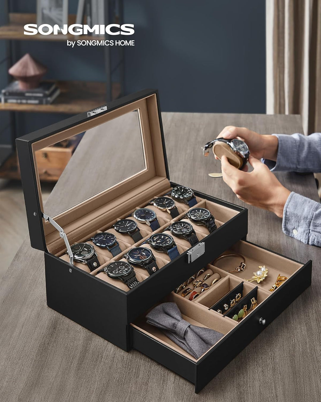 SONGMICS Uhrenbox mit 2 Ebenen, Uhrenkasten, 12 Fächer und 1 Schublade, Glasdeckel, Uhrenkoffer, für