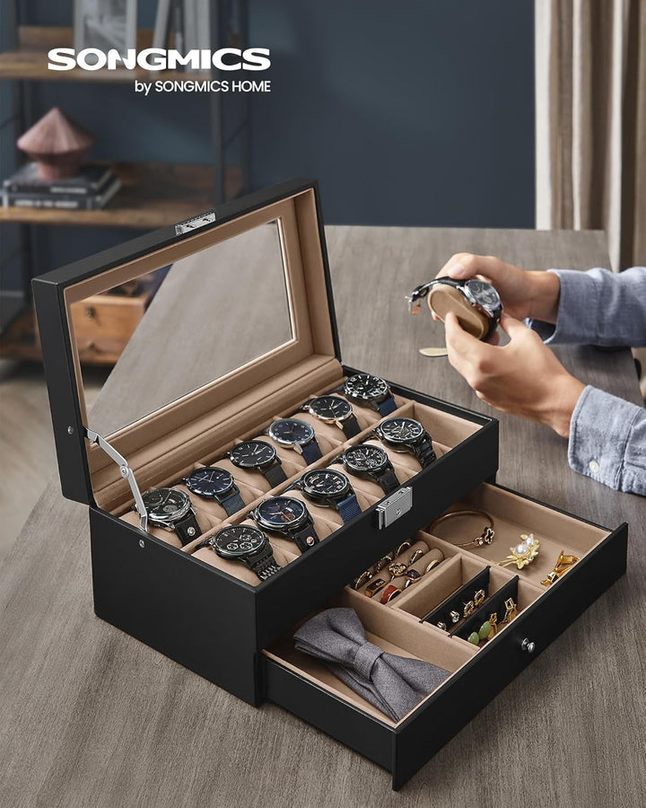 SONGMICS Uhrenbox mit 2 Ebenen, Uhrenkasten, 12 Fächer und 1 Schublade, Glasdeckel, Uhrenkoffer, für