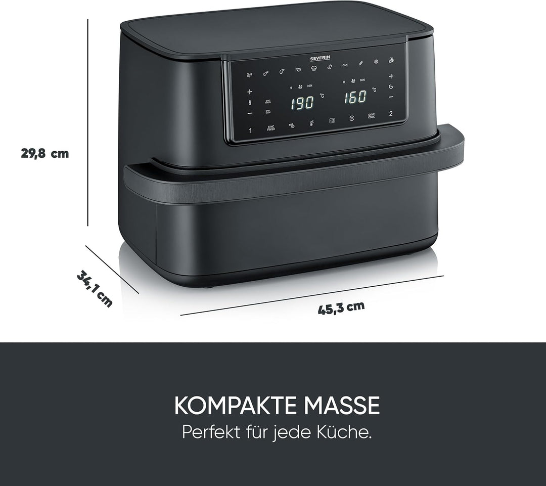 Severin Heissluftfritteuse Max Zone Flex, 9L oder 2x 4,5L, XXL Fritteuse, Kochen ohne Fett, 2 Garzon