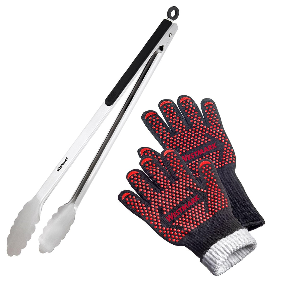 Westmark Grill-Set Feuerfeste Grillhandschuhe + 1 Grillzange – Ideal für sicheres Arbeiten am Grill,