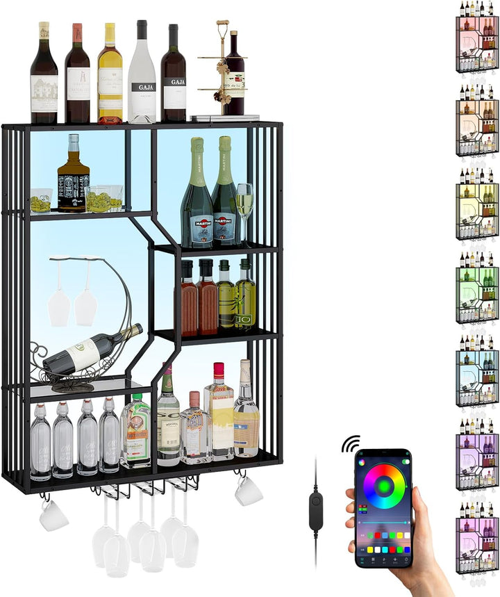 YOURLITE Weinregal Wand mit LED-Beleuchtung Metall,Bar Regal mit Glashalter,Wandmontage Wine Display