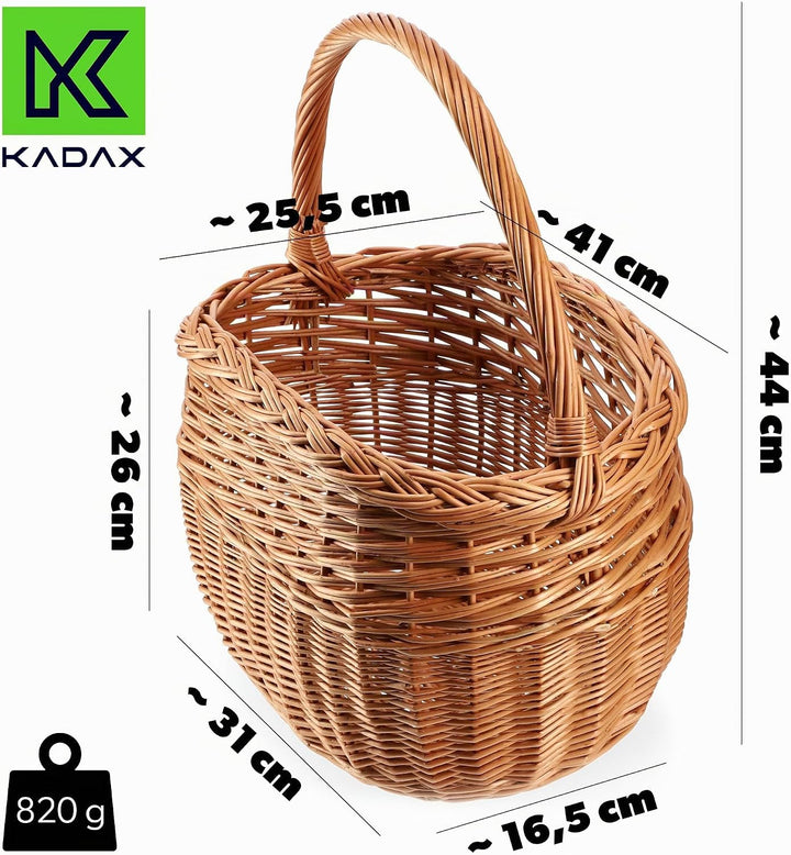 KADAX Weidenkorb für Pilze, Ovaler Korb zum Einkaufen, robuster Picknickkorb mit dem Henkelgriff, Fl