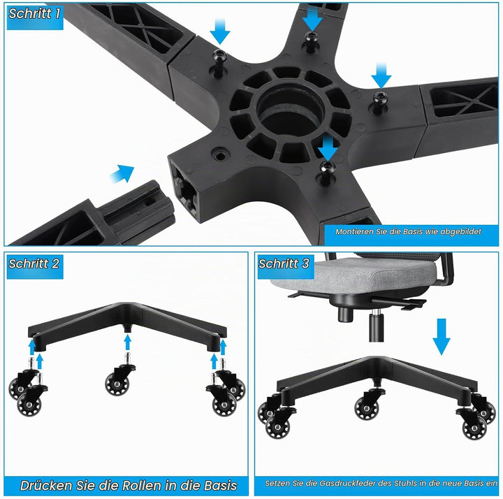 SHUESS Stabiles Bürostuhl Fusskreuz 70cm für Gasdruckfeder 50mm mit Rollen 11x22mm Schwarz Fünfeckig