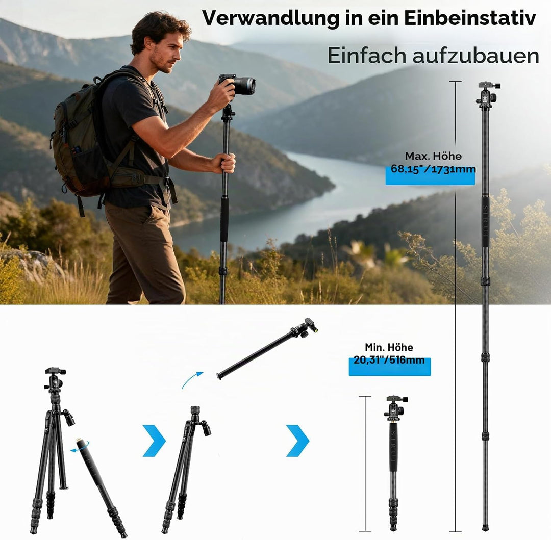 SIRUI AM-7C Carbon Reisestativ 2-in-1 mit 360° Kugelkopf, abnehmbares Bein als Monopod Trekkingstock