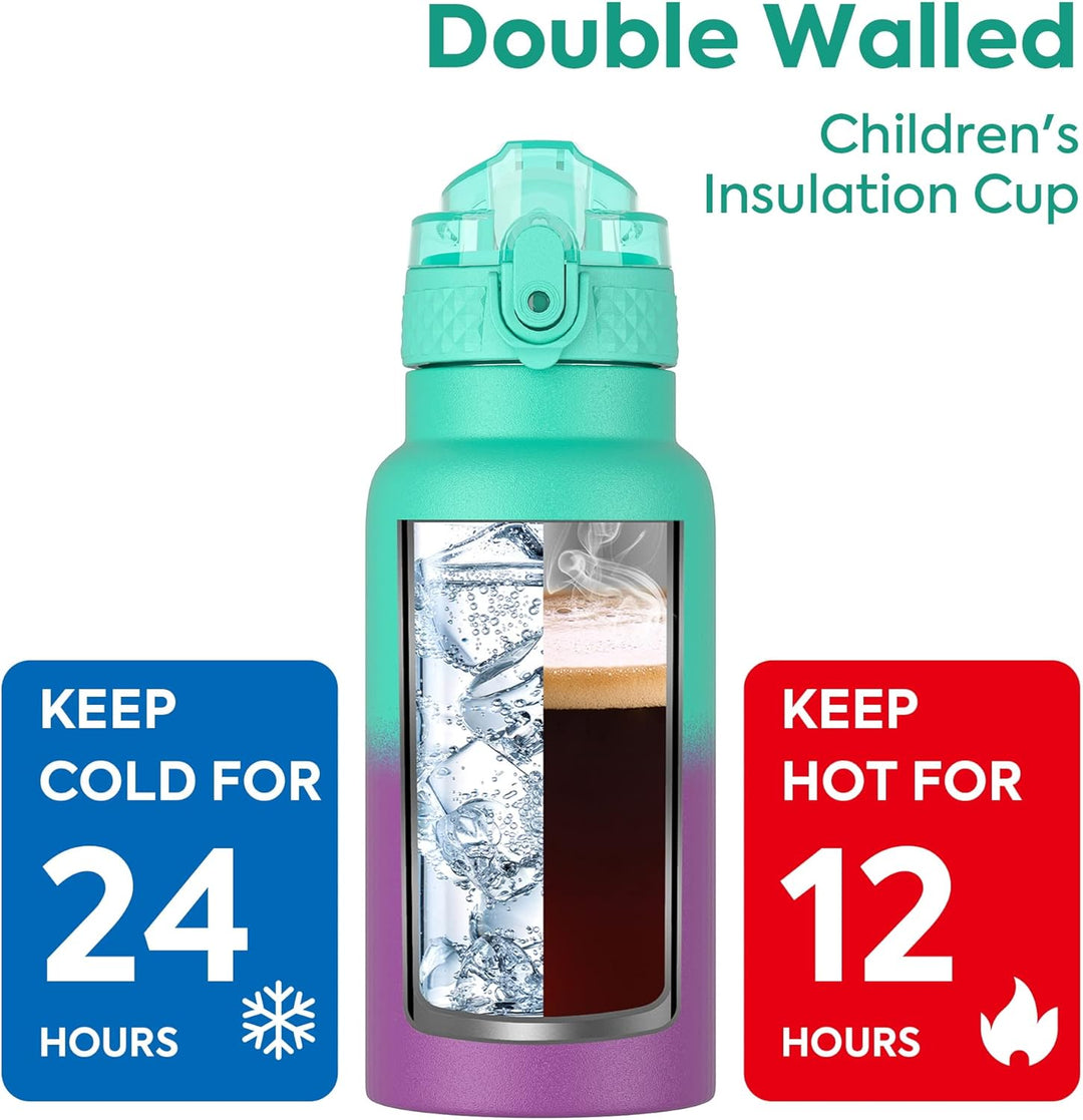 OLDLEY 500ml Kinder Edelstahl Wasserflasche mit Stroh für Schule mit 2 verschiedenen Deckeln, Metall