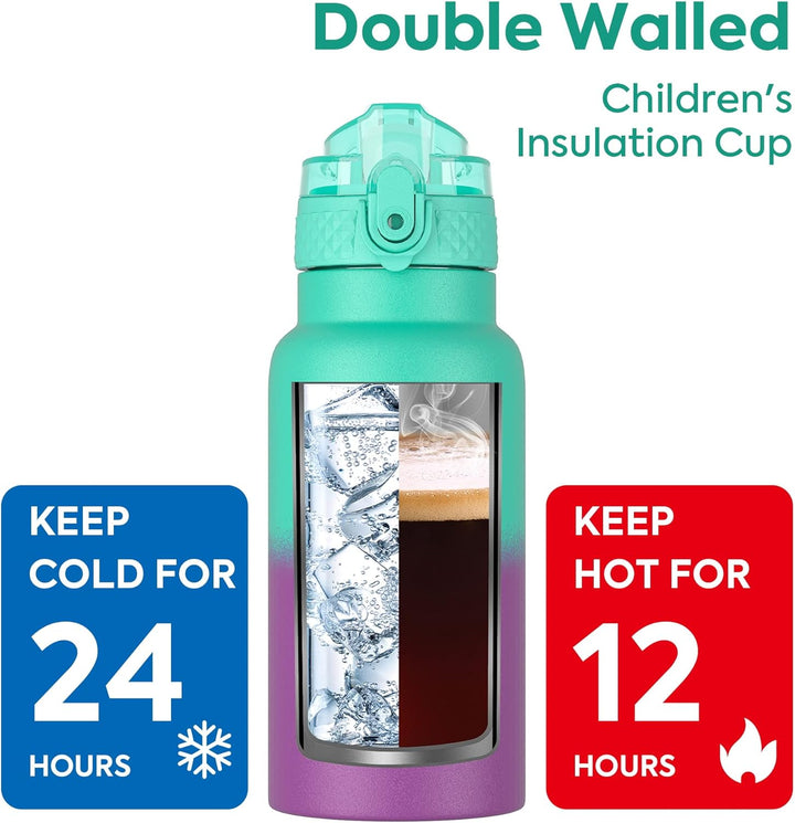 OLDLEY 500ml Kinder Edelstahl Wasserflasche mit Stroh für Schule mit 2 verschiedenen Deckeln, Metall