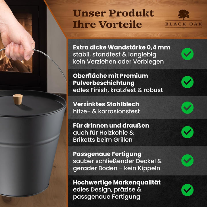 BLACK OAK Ascheeimer Fuego 10L - schwarz mit Deckel mit Holz-Griff &amp; Handschuhen - 10L gross Stahl f