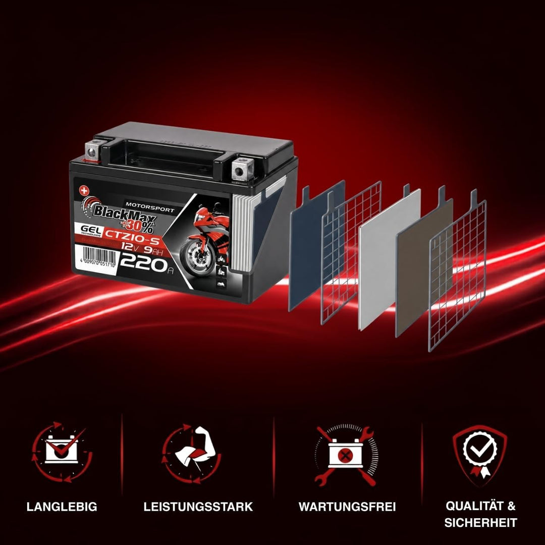BlackMax YTZ10S Motorradbatterie GEL 12V 9Ah Akku GTZ10-S YTZ10-S-BS GEL12-10B-4 9Ah - 210A - YTZ10S