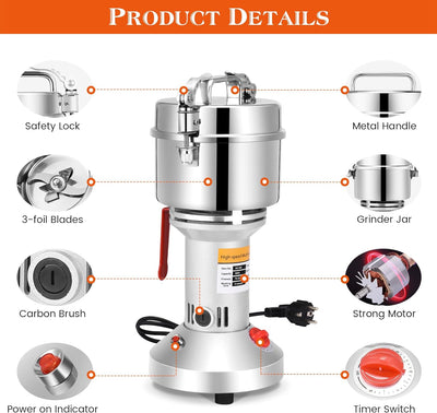 Getreidemühle Elektrisch, Aomdom 500g Getreidemühle Edelstahl Mühle Elektrisch 28000rpm Starker Moto